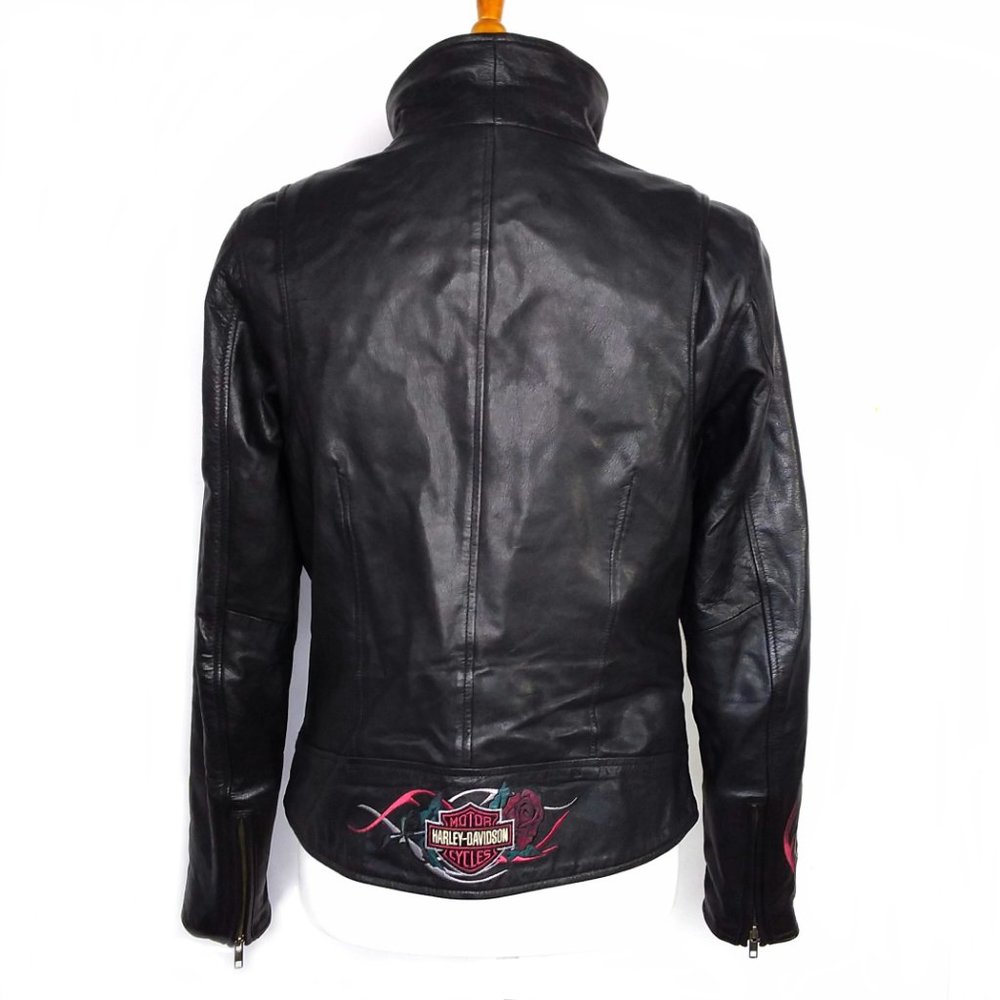 Harley Davidson Black Leather Moto Jacket Embroidered Logo Rose Size Medium - Picture 3 of 12
